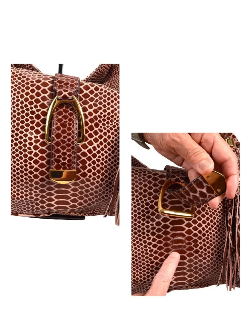 G.I.L.I. Leather Stirrup Fringe Sienna Cobra Fringe Hobo Bag Purse A271123‎